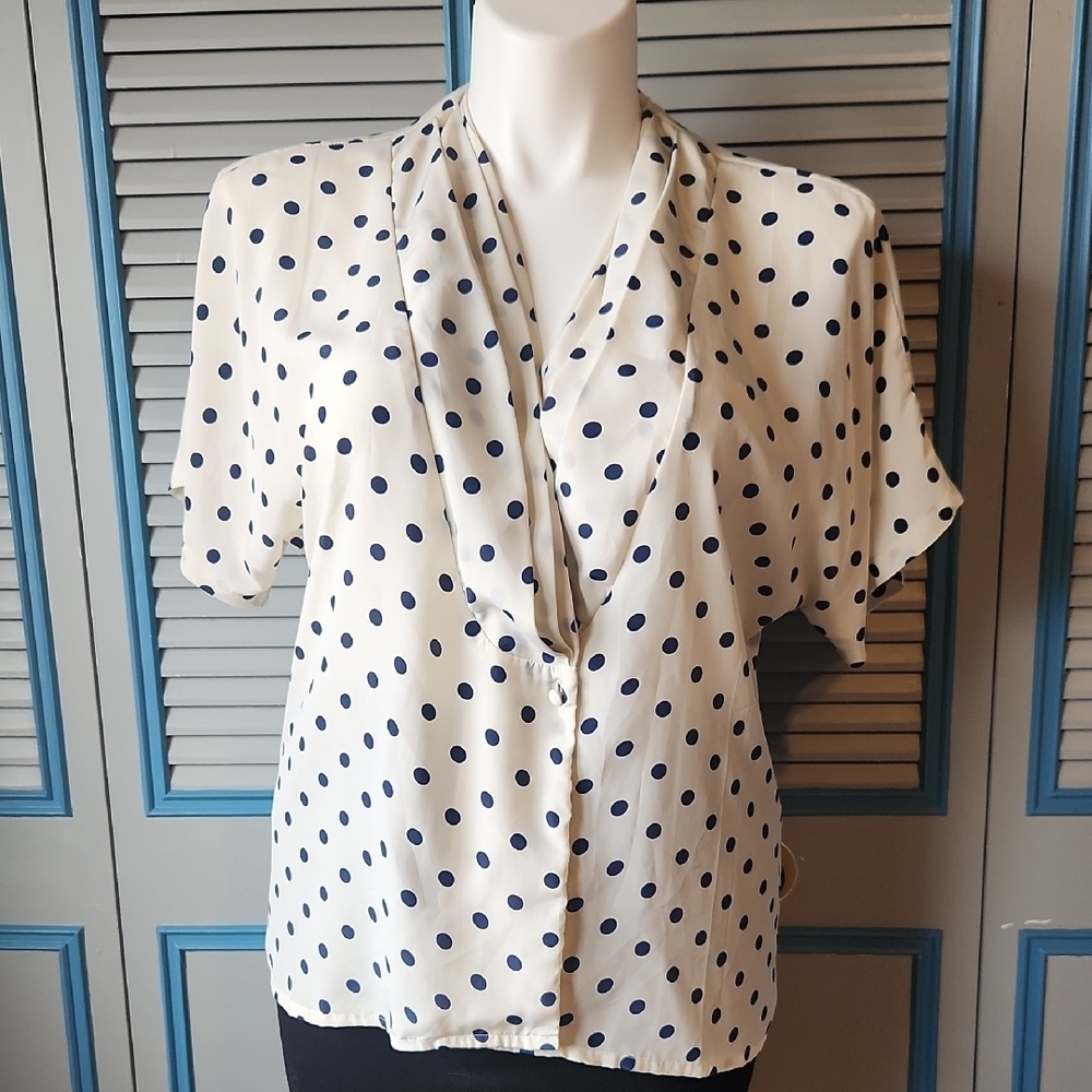 Vintage Carry Back Ivory & Navy Polka Dot Blouse